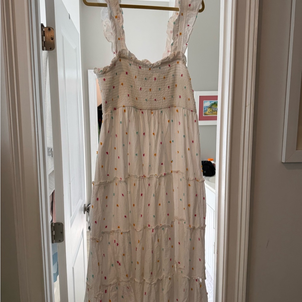 Crown & Ivy White Maxi Dress with Multicolor Dots
